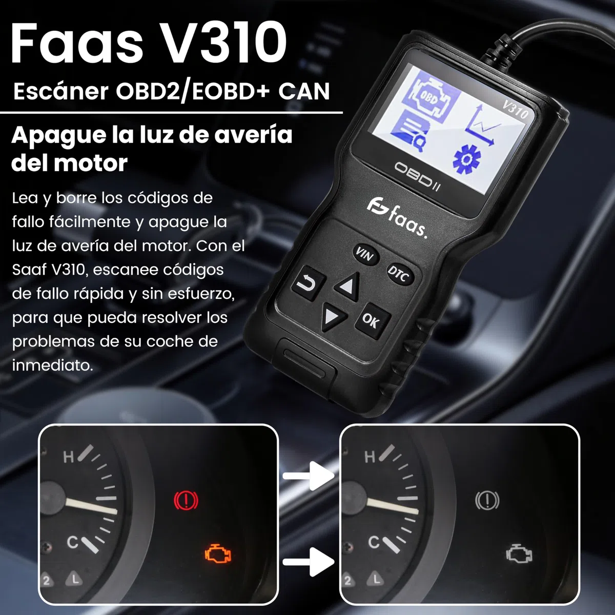 Faas Escáner OBD2 – Herramienta de Diagnóstico Profesional para Coches – Leer y Restablecer Códigos de Error – Desactivar la Lámpara de Falla del Motor – Compatible con la Mayoría de los Vehículos