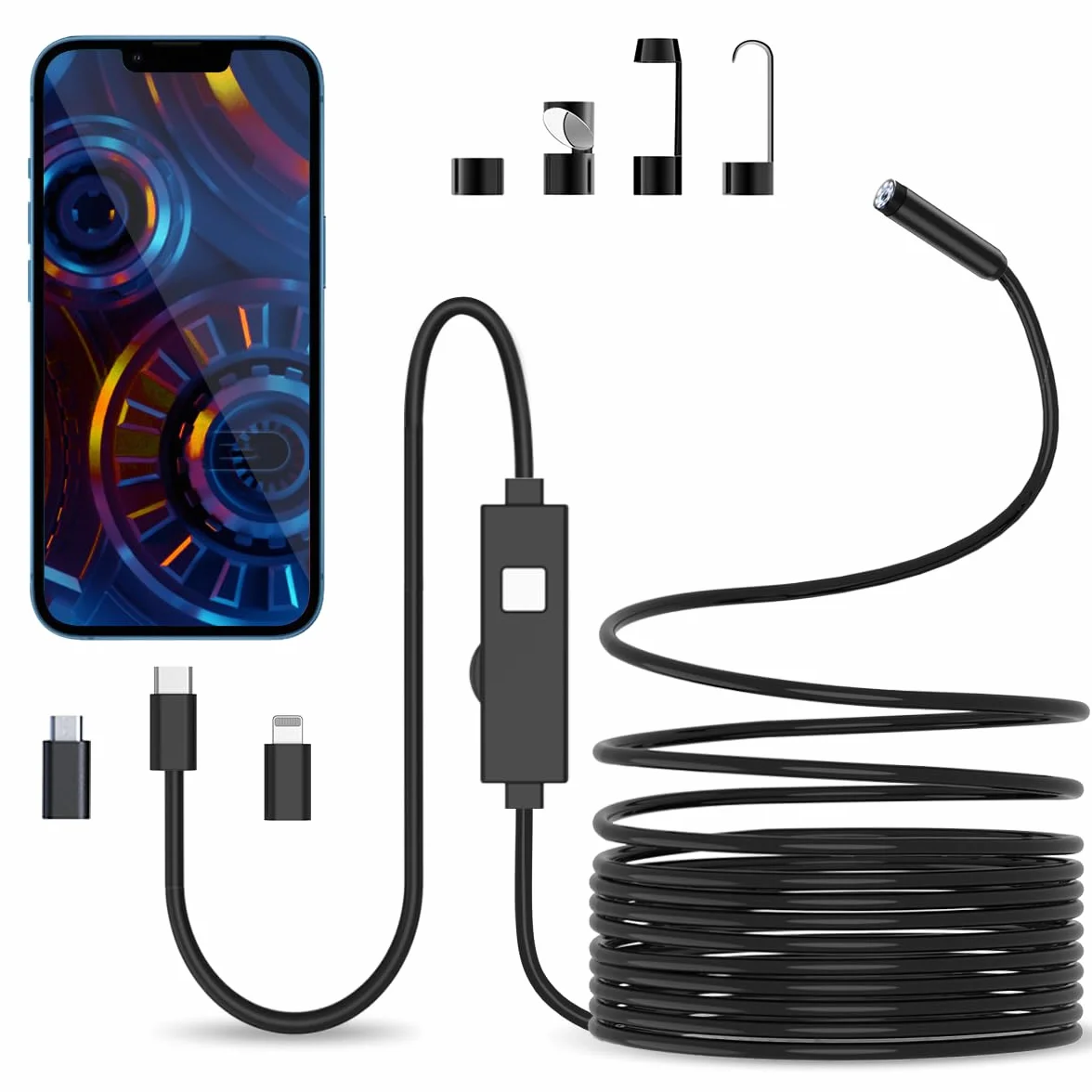 Endoscopio Cámara de Inspección - 3 en 1 USB Cámara endoscópica, Endoscopio Para Movil de Cable Semirrígido, IP67 Impermeable con 8 luces LED Sonda de 7,9 mm para Android, iPhone(5M, No Necesita WiFi)