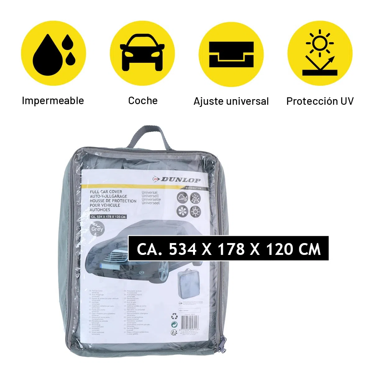 Dunlop Funda Coche XL - Funda Protectora para Coche Universal - Cubierta para Coche 534 x 178 x 120 cm - con Cordón Elástico y Anillos - Impermeable para Interior y Exterior - Gris