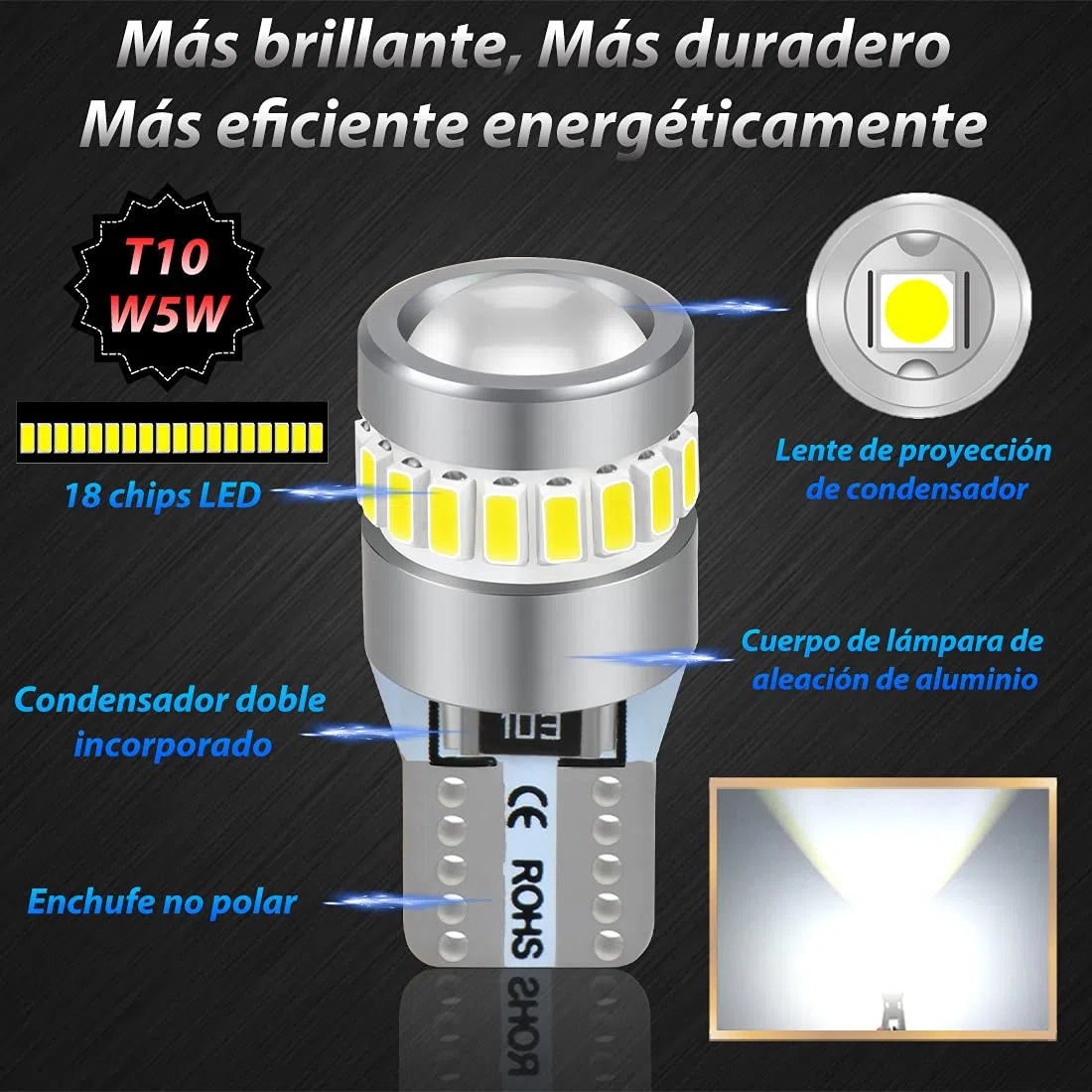 Briteye Bombillas T10 W5W LED 6000K Luz Blanca Bombilla Posición LED Matricula LED (4pcs)