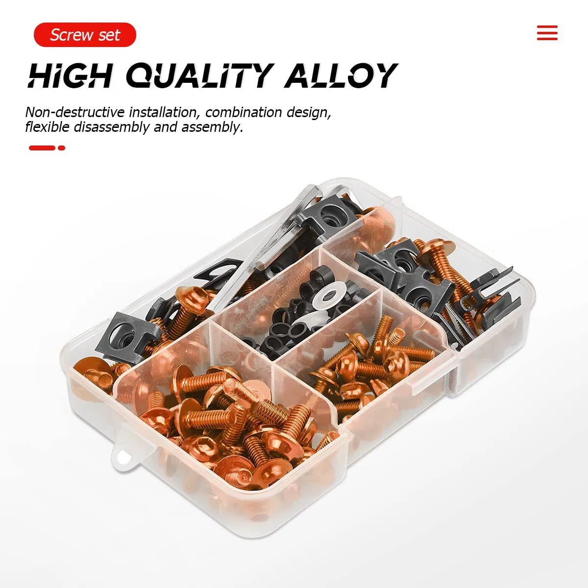 JNNJ 177 Pcs Kit de Pernos de Carenado de Moto, Tornillos de Fijación de parabrisas, Tornillo de Tuerca de Arandela de Aluminio Juego de Clips Surtido, Universal para Moto Todoterreno(Naranja)