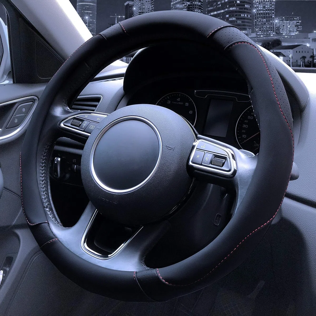 Funda de Piel sintética para Volante de Coche, Antideslizante, Transpirable, Estilo Deportivo, Color de Contraste negro