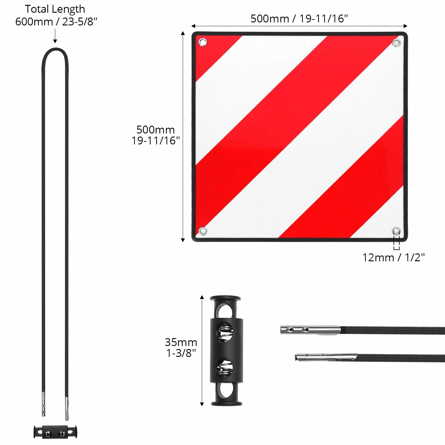 QWORK® 2 en 1 Placa advertencia reflectante con 4 cuerdas de tensión, señal de advertencia de 50 x 50 cm para Italia y España, para portabicicletas y portones traseros