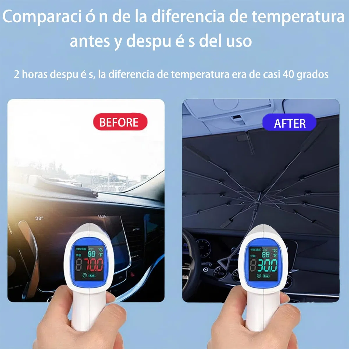 Parasol Coche Delantero Tipo Paraguas, Sombrilla Plegable con Protección UV Total, Bloqueo de Calor Térmico para Parabrisas. Reflector Solar Universal para Coche, SUV y Camioneta