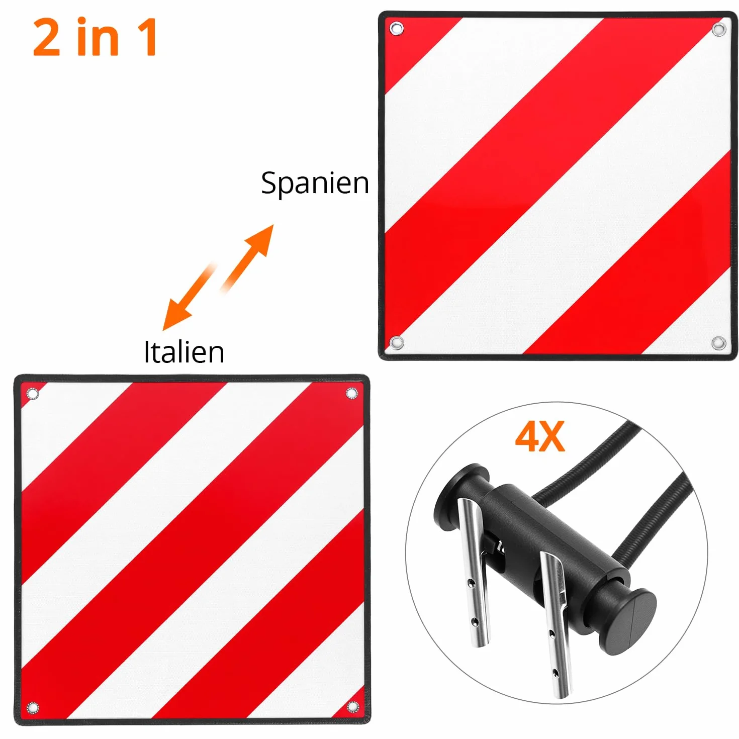 QWORK® 2 en 1 Placa advertencia reflectante con 4 cuerdas de tensión, señal de advertencia de 50 x 50 cm para Italia y España, para portabicicletas y portones traseros