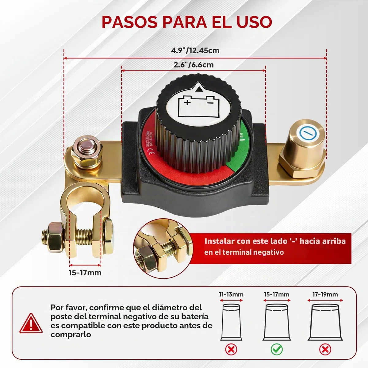 Desconectador de Bateria Coche 12V-48V, Cortacorrientes Coche Ajustable 180°, Interruptor Principal de Batería, Corta Corriente Bateria para Coche, Moto, Barco, Yate, Apto para el terminal negativo