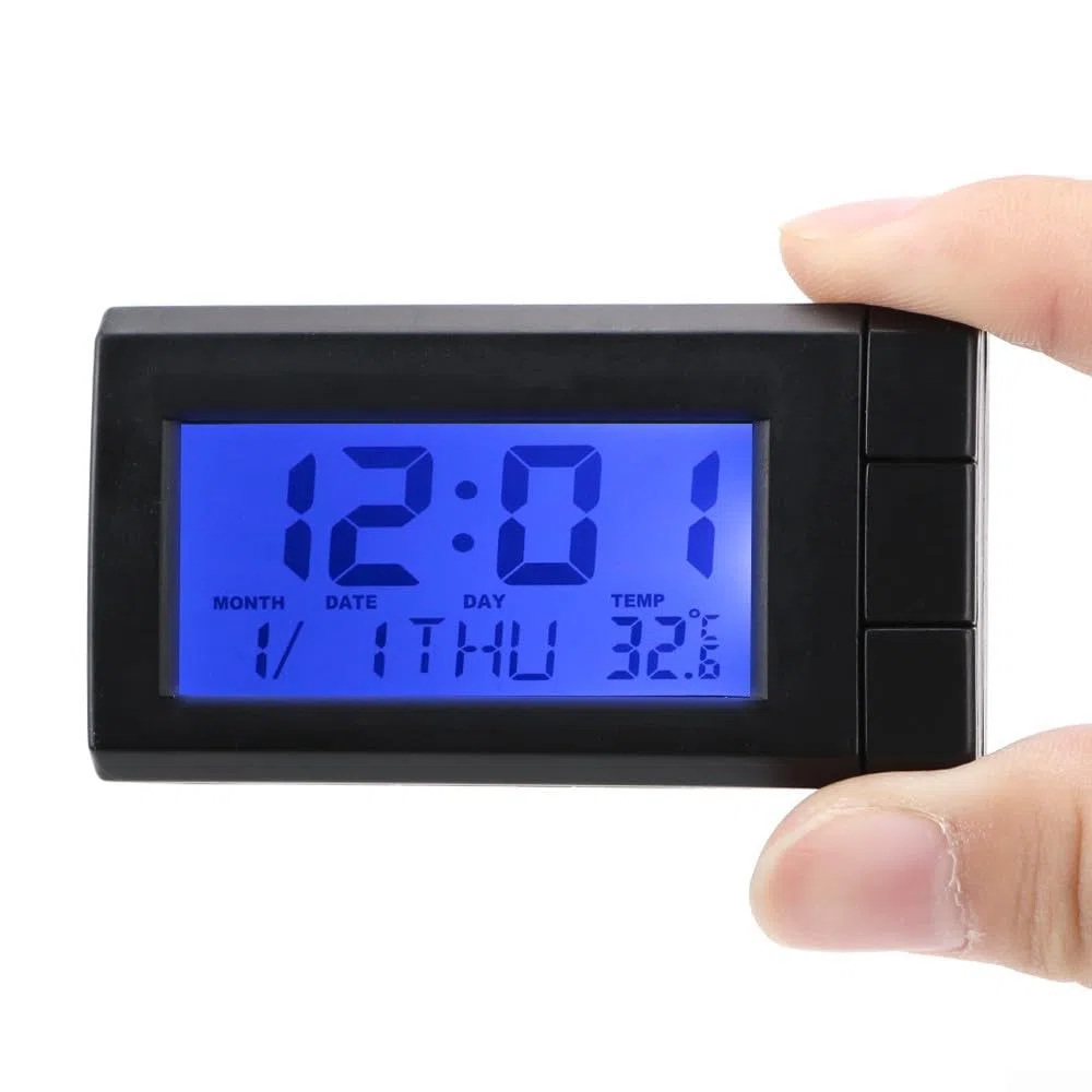 Yhenlovtt Reloj de pantalla digital LCD para coche con calendario y termómetro, soporte ABS para salpicadero, fecha y función para vehículos