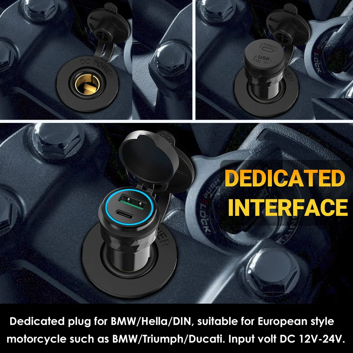 Motorcycle DIN USB C Socket: Qidoe Aluminum PD 3.0 & QC 3.0 Dual USB DIN Hella Plug Fast Charger Adapter with Blue LED for 12V-24V BMW, Ducati, Triumph Tiger and Other European Style Motorcycles