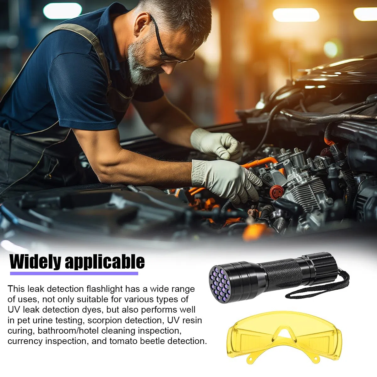 Herramienta de detección de fugas de aire acondicionado para automóvil, kit de detección de fugas de tinte de aceite UV con lentes protectores de linterna, detector de fugas de CA automotriz
