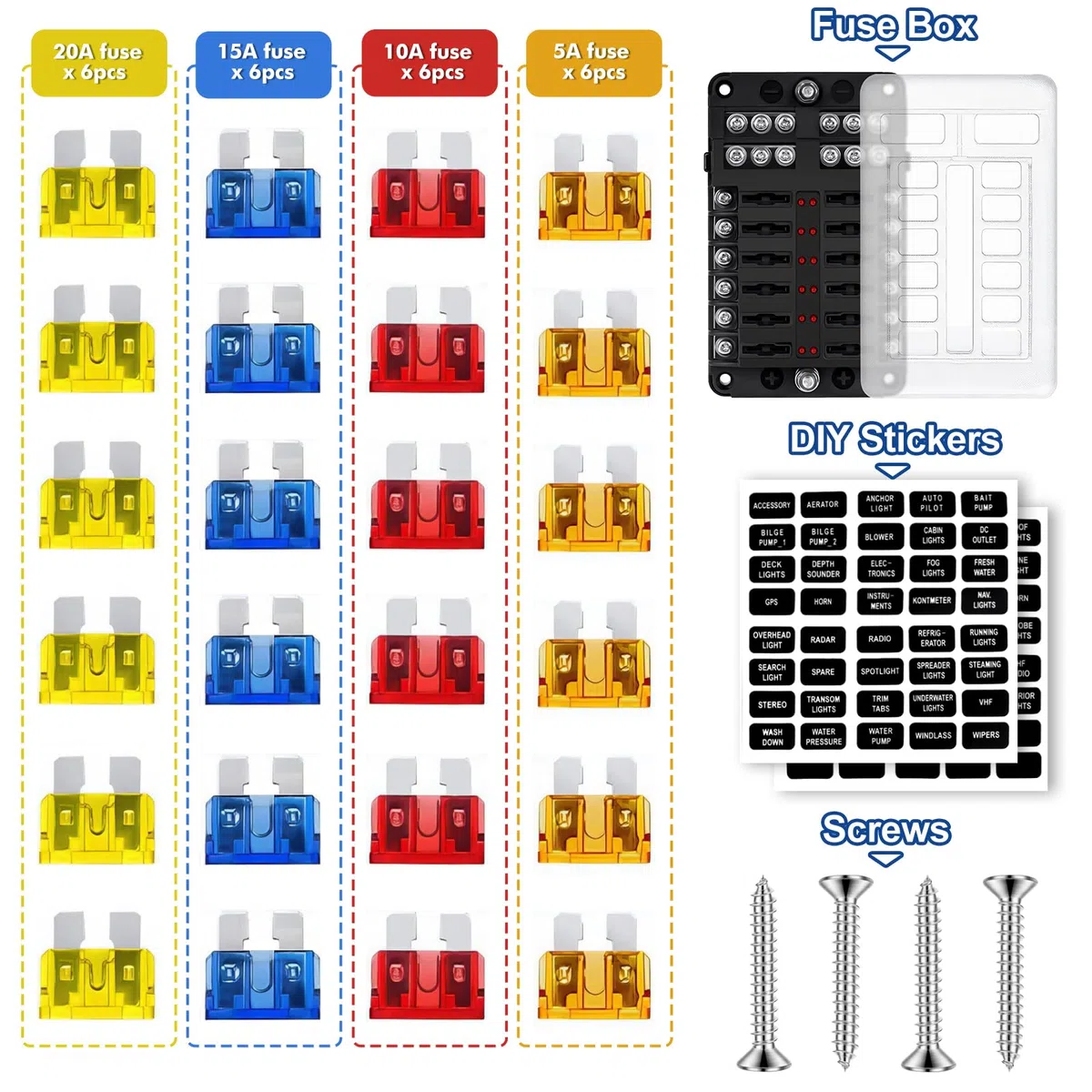 Geloo Caja de Fusibles 12 Vías Portafusibles con Lámpara de Alerta LED Porta Fusibles Coche con Cuchilla Negativa para Coche Barco Autocaravana Furgoneta