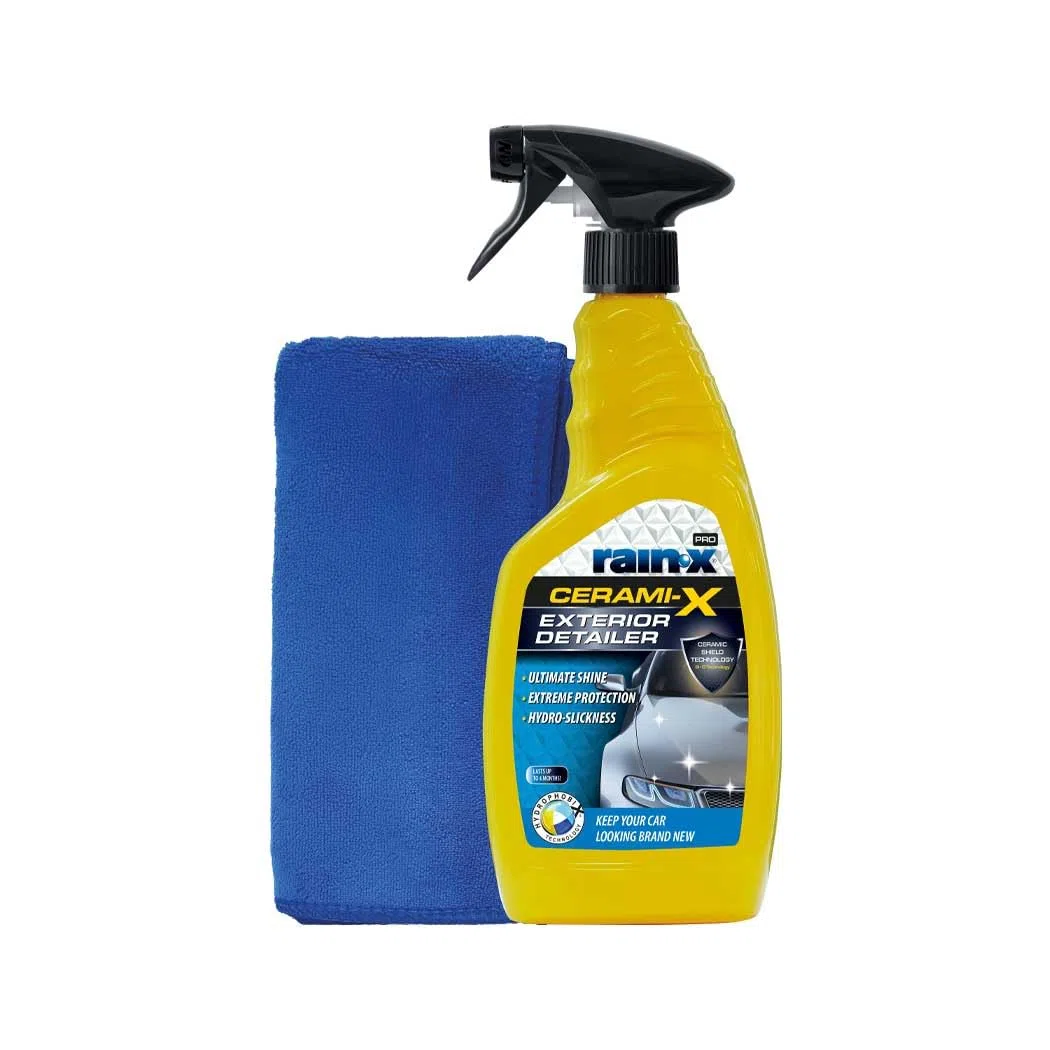 Rain-X Cerami-X Detailer Premium – Recubrimiento Cerámico de Alto Brillo – Protección Duradera Contra Intemperie y Rayos UV – Efecto Hidrofóbico y Sin Rayas + Paño de Microfibra– 750 ml