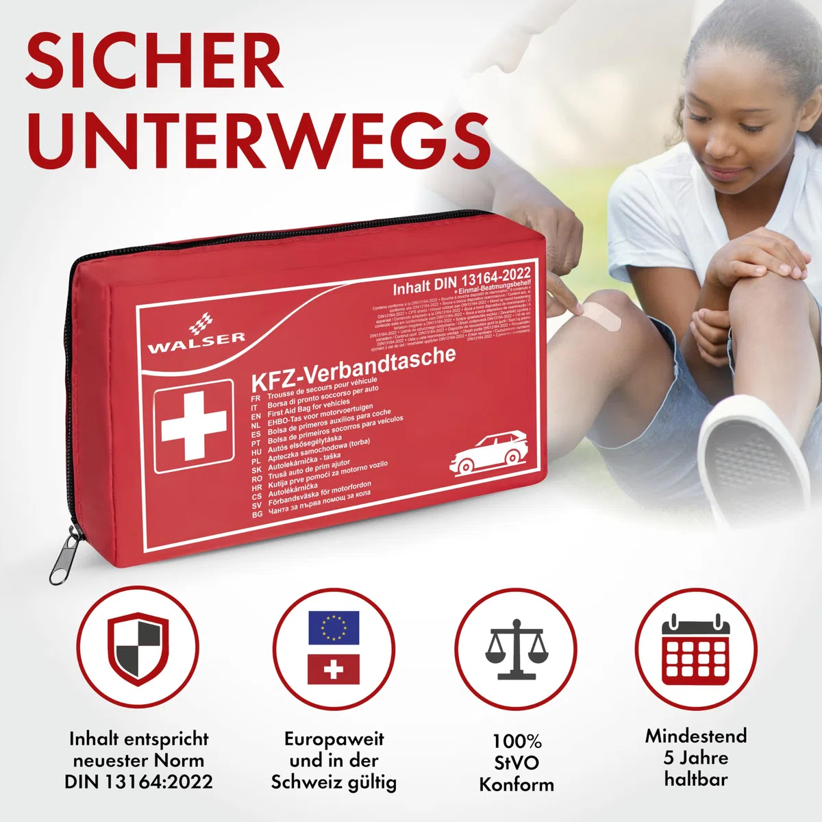 WALSER Bolsa de primeros auxilios para coche, kit de primeros auxilios, bolsa de primeros auxilios DIN 13164:2022, kit de primeros auxilios rojo 44283