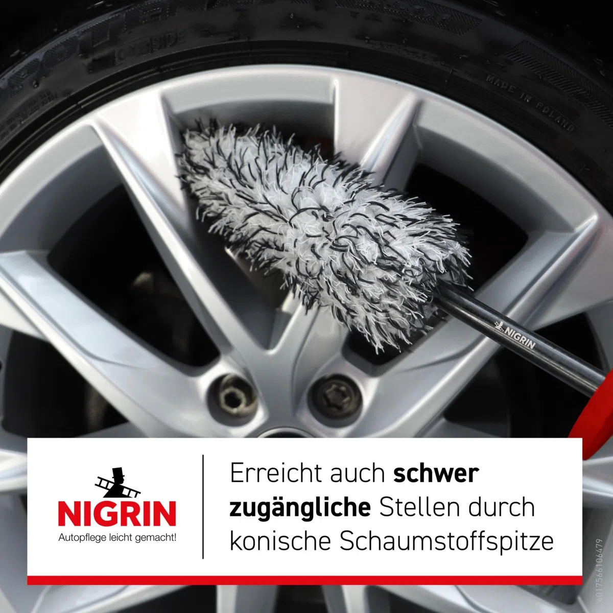 NIGRIN Cepillo de Microfibra para Llantas de Coche, sin arañazos, eficaz para Limpieza de Llantas, también para Lugares de difícil Acceso, Incluye Funda Intercambiable, Multicolor, 1 Unidad