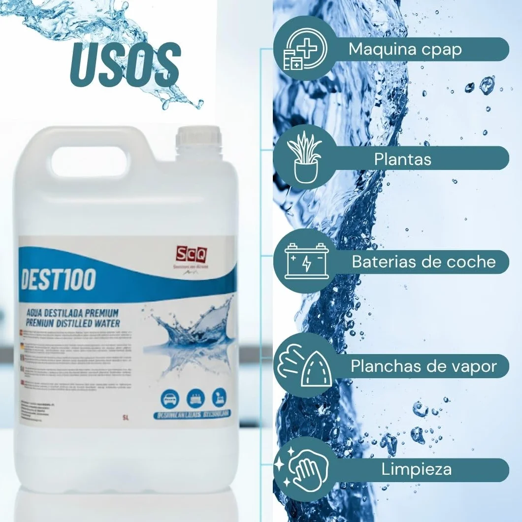 Agua destilada 100% pura 5 L, ideal para baterias, planchas, humidificadores, limpieza, motores, CPap, laboratorios. Agua desmineralizada, agua desionizada. conductividad inferior a 1 microS.