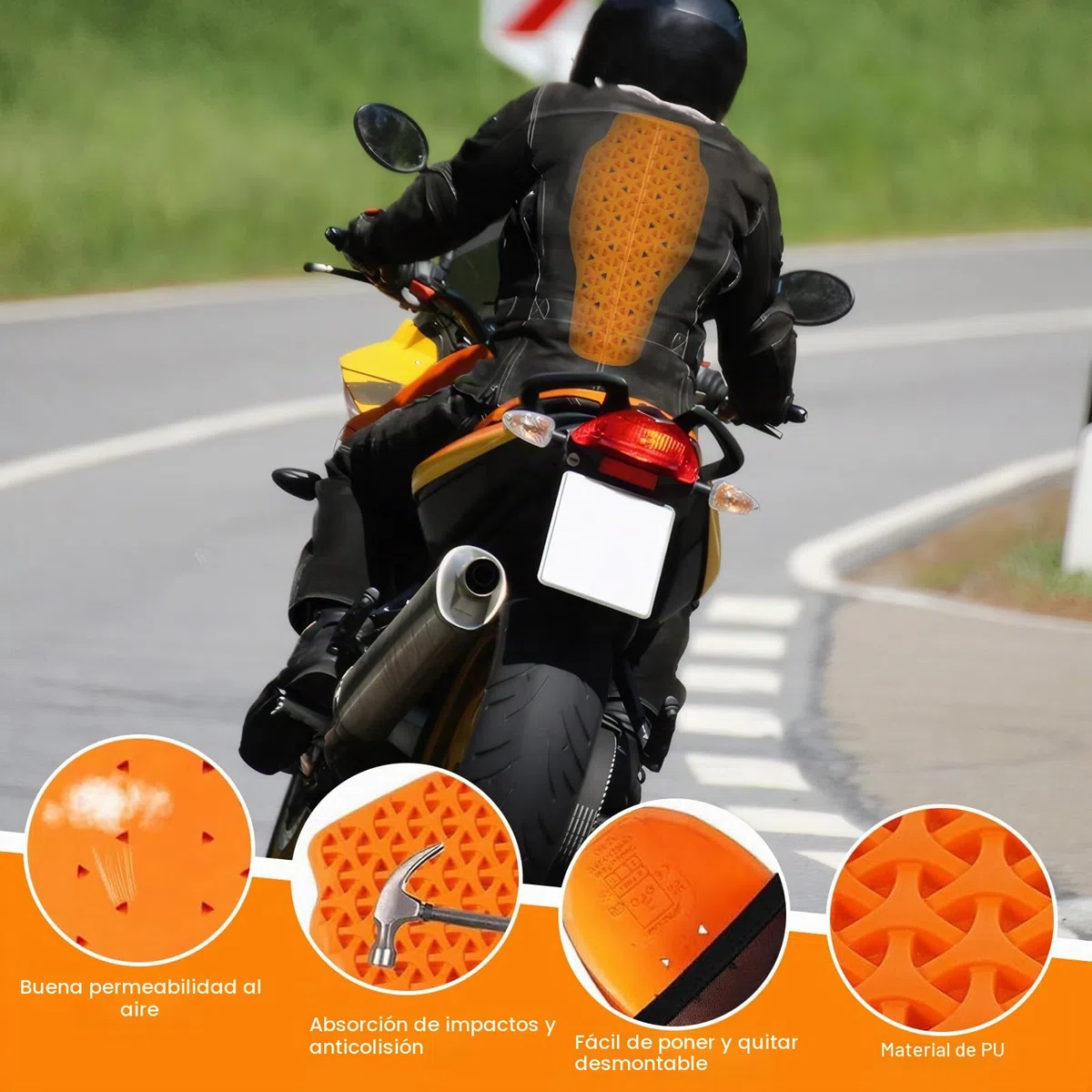 Protector de espalda para motocicleta, extraíble, cómodo y transpirable, protector de espalda certificado CE, diseño ergonómico, ajuste eficaz y absorción de golpes, unisex (42 x 23 cm, naranja)