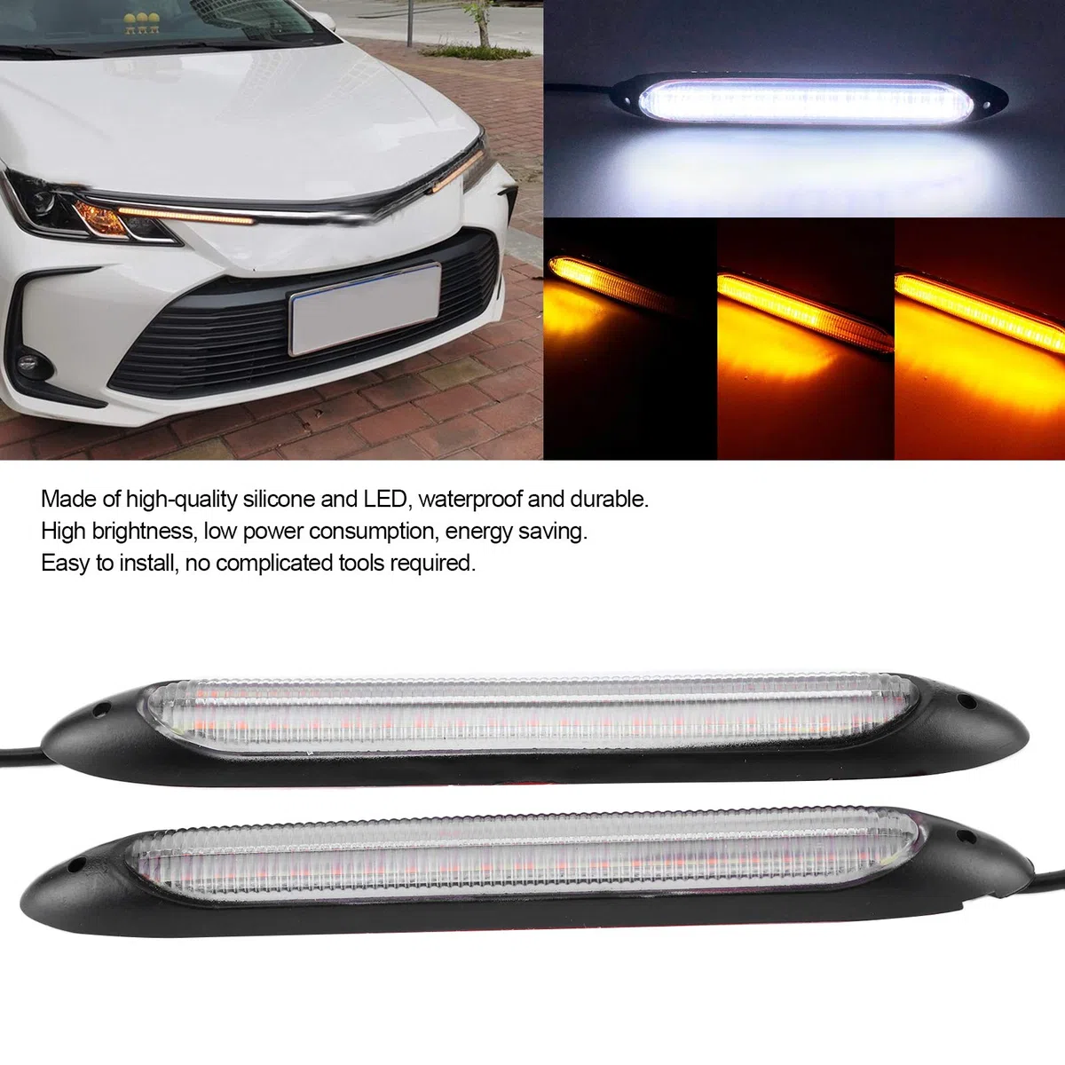 Tira de Luces de circulación de Coche, Akozon Universal 1 par de Luces LED de circulación Diurna Tira de señal de Amarillo Color de luz Impermeable Accesorio de Coche(27.5CM)