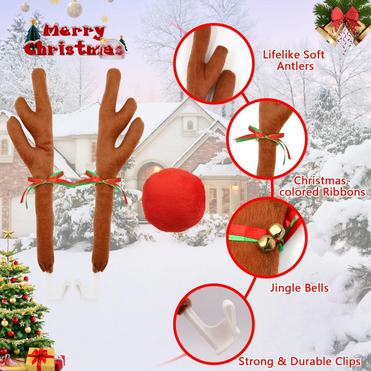 Reno Auto Set,Auto Deko Weihnachten,Auto Reno Kostü,Auto Weihnachtendeko mit Geweih,Weihnachtsschmuck Auto,Auto Rentiergeweih Rudolf für Auto,Fahrzeug Weihnachtsdekoration,Weihnachtsdeko Auto