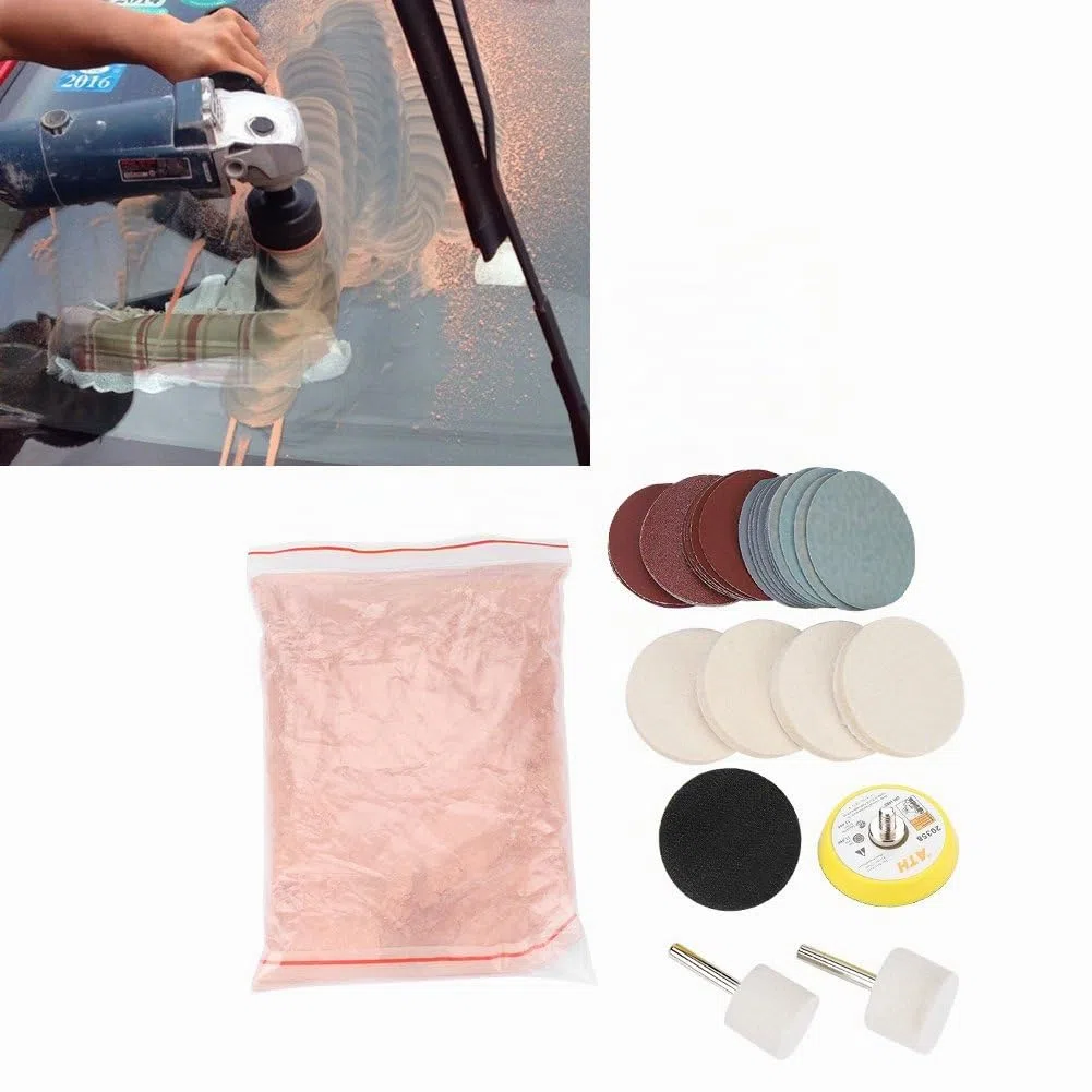 Kit de pulido de vidrio, kit de eliminación de arañazos de vidrio, polvo de pulido de óxido de cerio, almohadilla de disco de pulido con adaptador de taladro Disco abrasivo de vidrio para parabrisas