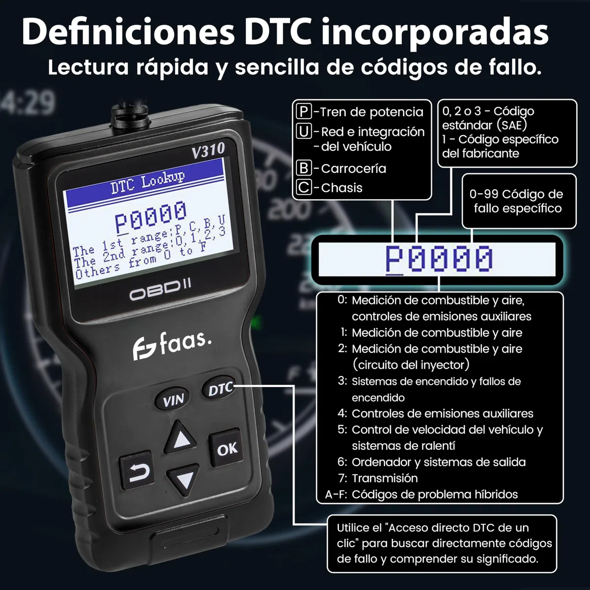 Faas Escáner OBD2 – Herramienta de Diagnóstico Profesional para Coches – Leer y Restablecer Códigos de Error – Desactivar la Lámpara de Falla del Motor – Compatible con la Mayoría de los Vehículos
