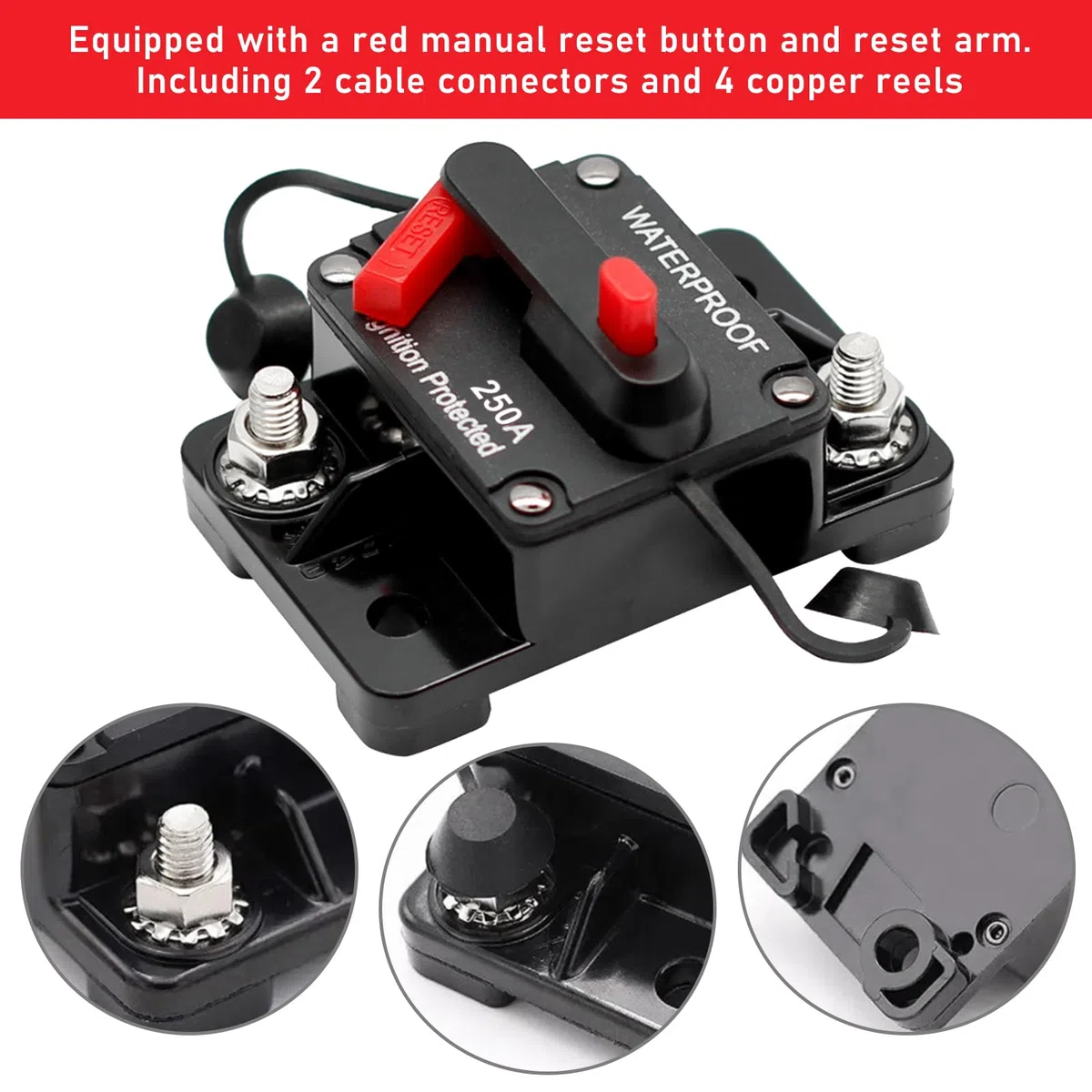 2 unidades de 250 A disyuntores automáticos para coche 12 V-48 V CC 250 amperios, interruptor de fusible automático resistente al agua con reinicio manual para camión barco