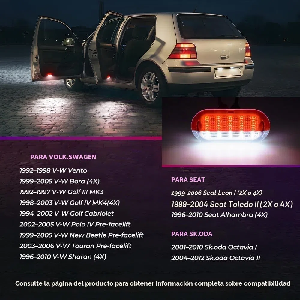 Luces de Cortesía LED para Puerta de V.W Golf MK3 MK4 Jetta Beetle Tou.ran Polo Vento Octavia Seat, Accesorios de Lámpara de Zona de Pasos Blanca/Roja de Seguridad, 2 Piezas