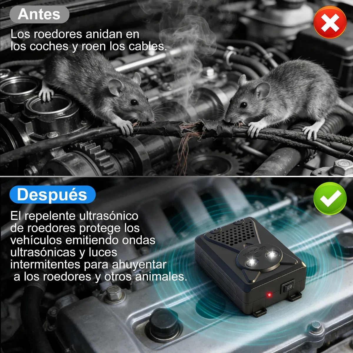 Ultrasónico Ahuyentador de Ratas para Coche con Flash, 3 Modos de Carga, Ahuyentador de Martas para Coche para Aticos, Hogar, Jardín y Automóviles
