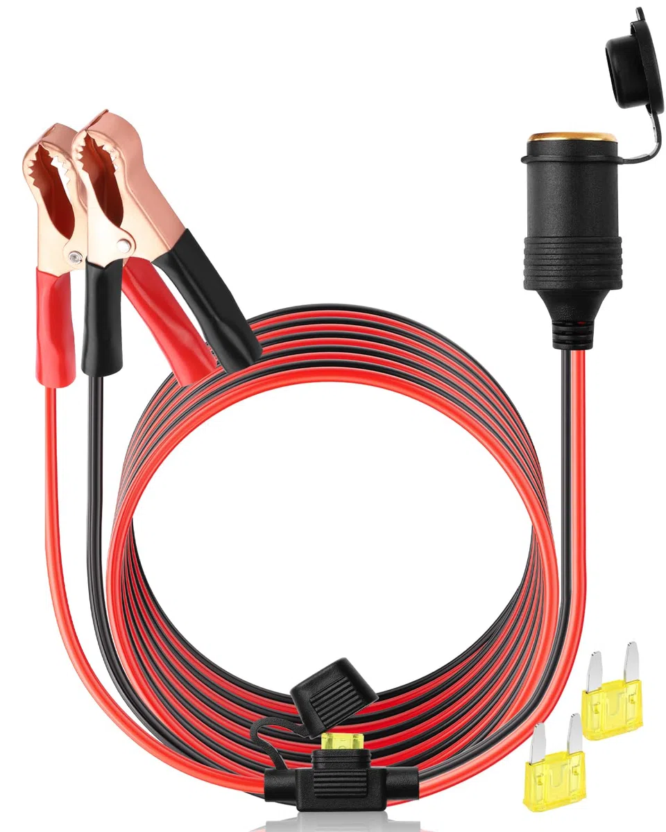 Clips de batería de 9.8 pies a enchufe de encendedor de cigarrillos de coche, 12 V/24 V 14 AWG, enchufe hembra de encendedor de cigarrillos, cable de extensión para baterías automotrices