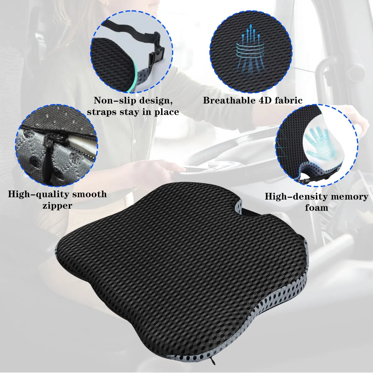 Cojin Asiento Coche, Cojines Forma Cuña Automóvil, Cojines Conductores, Espuma Viscoelástica Asiento Refuerzo, Base Antideslizante, Asiento Coche Ergonómico Sentarse, Funda Lavable (Negro)