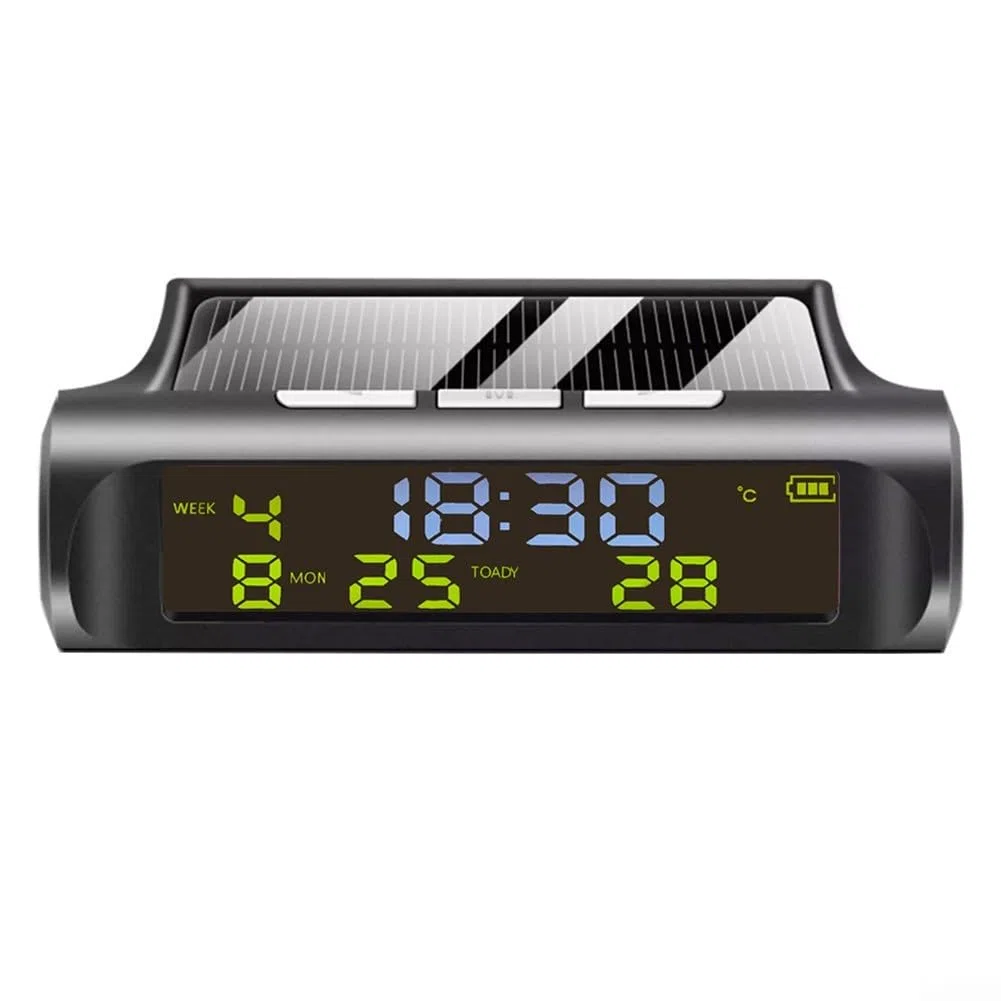 Termómetro digital para coche, reloj solar para coche, termómetro digital, pantalla automática, soporte para tablero de instrumentos para oficina, uso doméstico, color negro