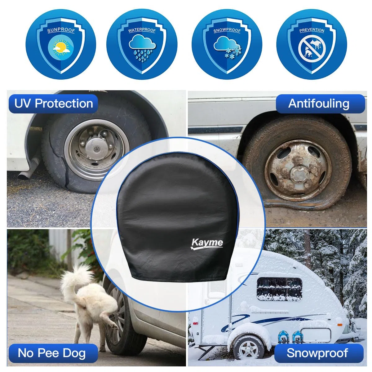 Kayme RV Funda Neumáticos, 4 Piezas Cubiertas para Neumáticos Protector Solar Impermeable, Universales para Ruedas de Remolques, Campistas, Camiones, Autocaravana (Diámetro 27 a 29 Pulgadas)
