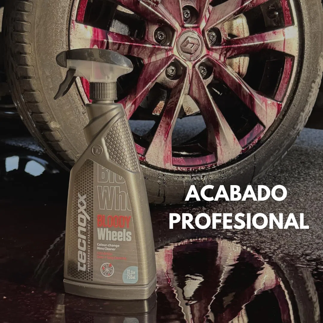 Tecnoxx Bloody Wheels – Limpia llantas descontaminante férrico profesional con efecto sangrado | Sin frotar, elimina óxido, polvo de freno y suciedad | Seguro para todo tipo de llantas – 750mL
