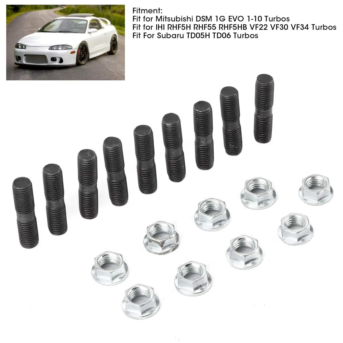 aqxreight - Kit de tuerca de bloqueo y espárrago turbo M10 x 1,25 mm apto para turbos DSM 1G EVO 1-10