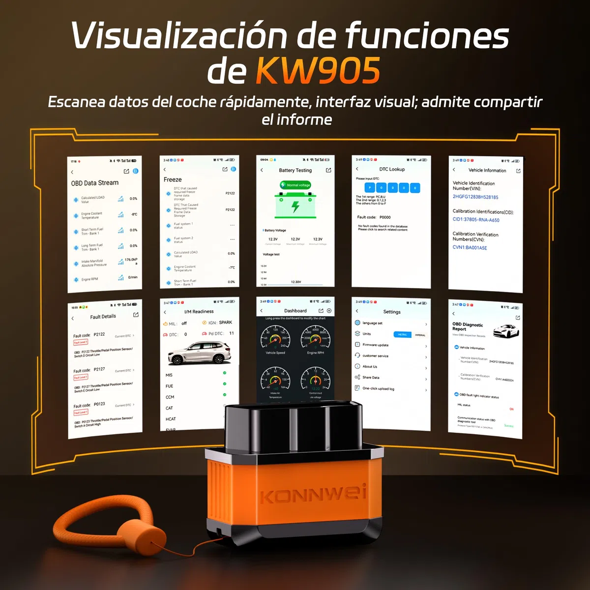 KONNWEI Dispositivo de Diagnóstico OBD2 Bluetooth, Lector y Escáner Inalámbrico de Códigos de Diagnóstico para Todos los Vehículos - Herramientas de Diagnóstico OBD-II para iOS, Android y Windows