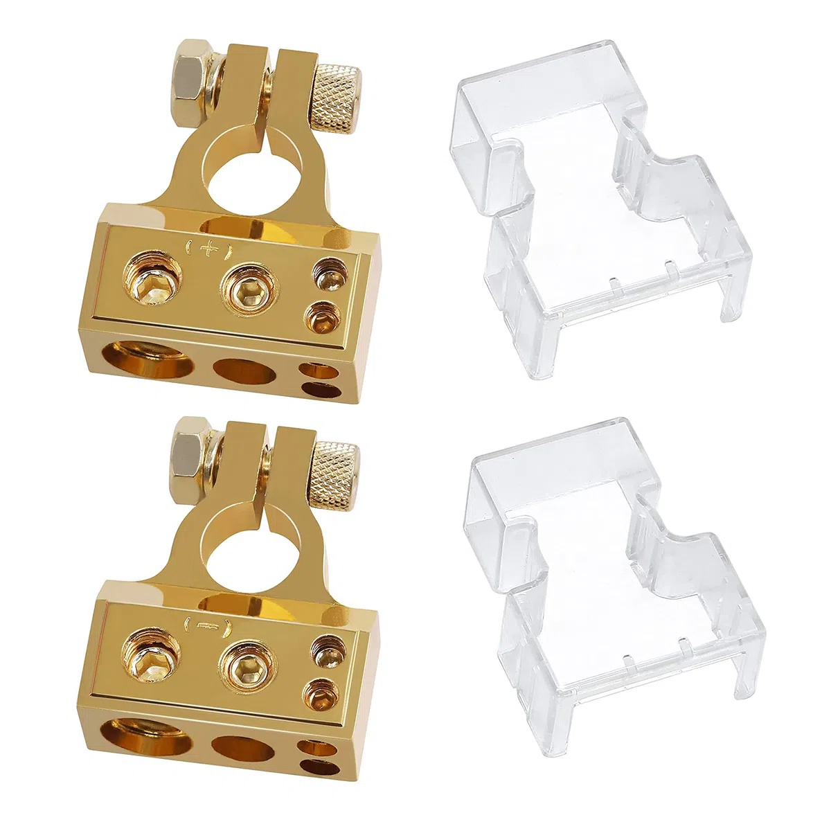HUAZIZ 2PCS Terminales de Bateria de Coche 2/4/8/10 AWG Conectores de Batería Abrazadera de Terminal Positivo Negativo +/- con Cubierta Protectora Transparente, Oro