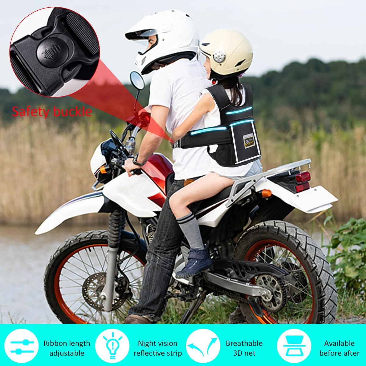 Cinturón de seguridad para motocicleta para niños, cinturón ajustable para moto, transpirable, con tiras reflectantes para niños entre 2 y 15 años