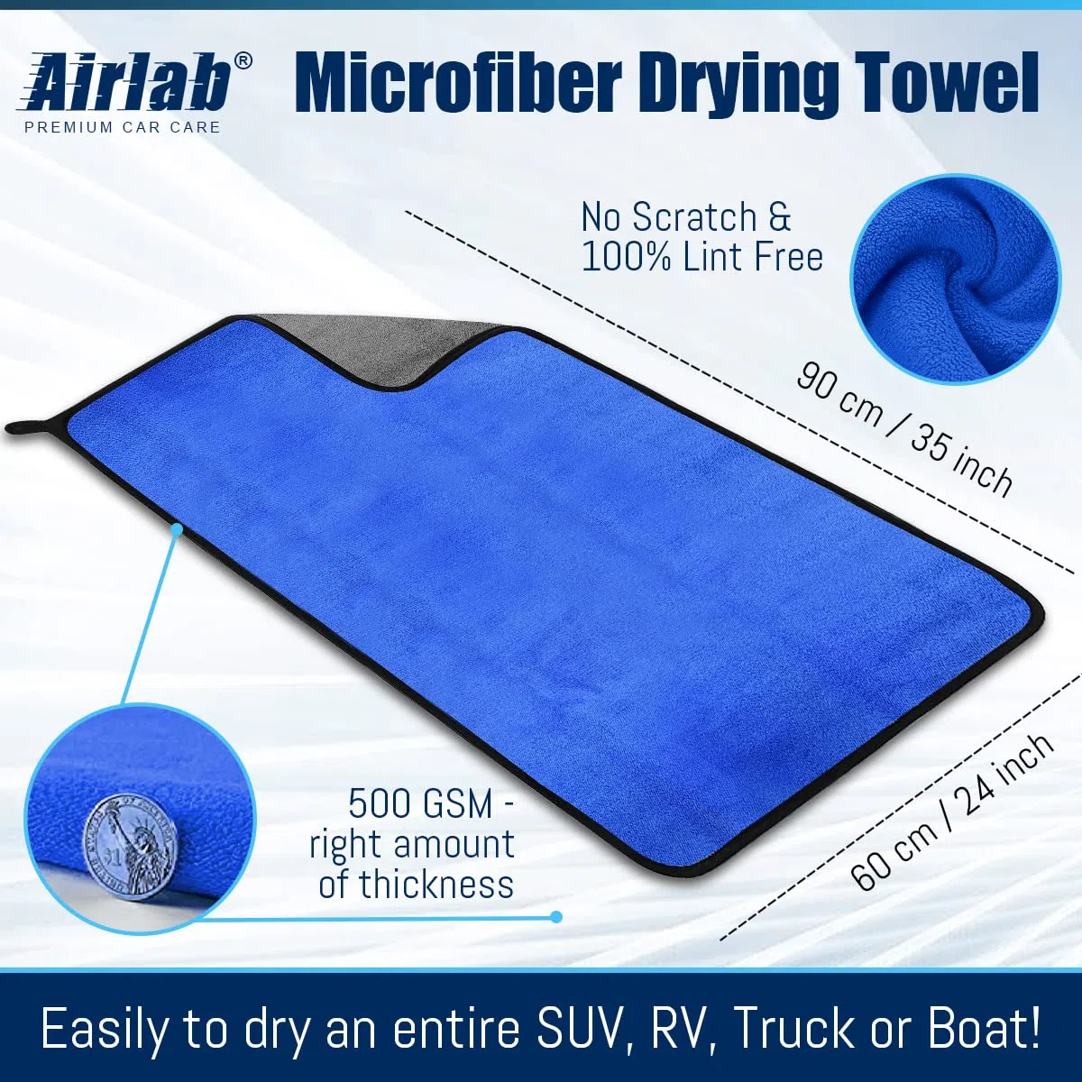 Airlab Grande Toalla Secado Coche 90x60 cm XXL, Bayeta Microfibra, Toalla Microfibra Coche Sin Pelusas & Sin Rayas, Paños de Limpieza Super Absorbente, Balletas para Vehículos, Cristales, 500 gsm