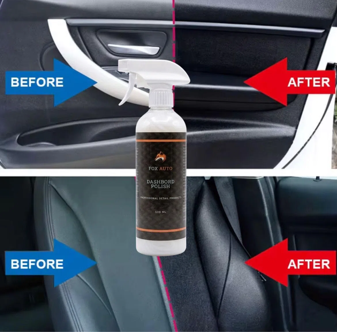 Genérico Fox Auto Abrillantador de Salpicadero 500 ML – Limpiador y Protector Interior para Coche con Protección UV, Acabado Brillante, Microfibra y Aplicador Incluidos.