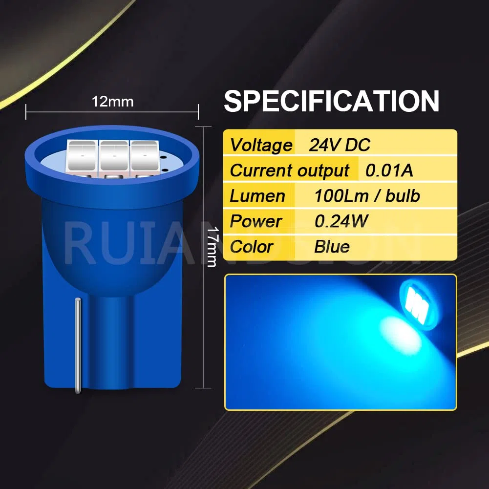 Ruiandsion 10 unids 194 bombillas LED azul 24 V 168 2825 T10 LED cuña bombilla reemplazo para puerta interior coche cortesía luces de matrícula