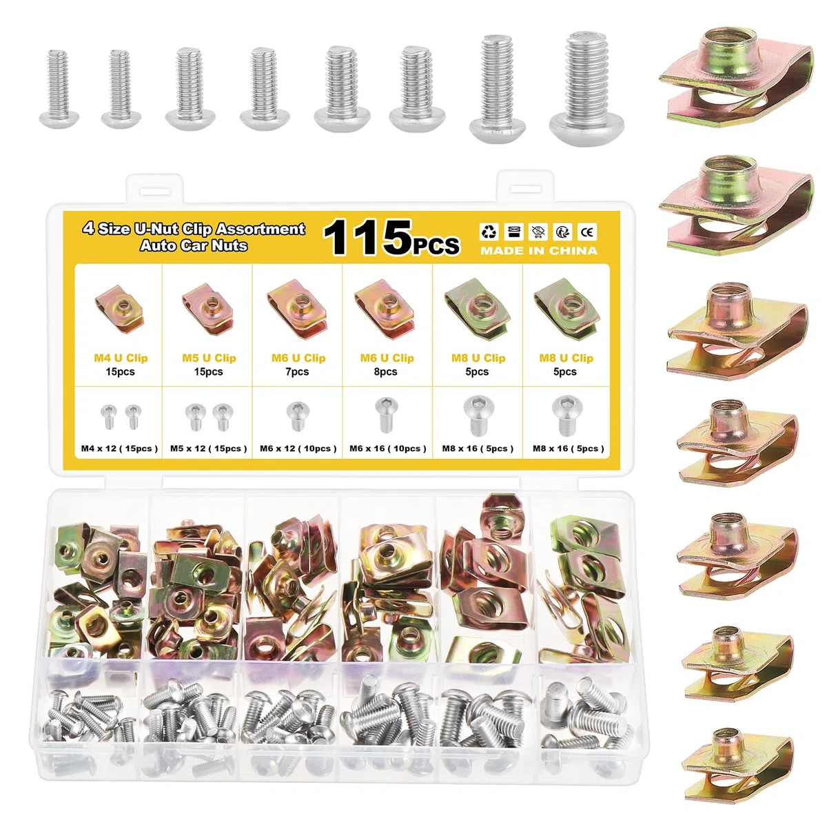 Gueenky 115 Piezas Tuercas de Clip en U, M4 M5 M6 M8 Grapas Tuerca Carroceria Tornillos Roscachapa de Clip de Tuerca en U para Coche y Moto