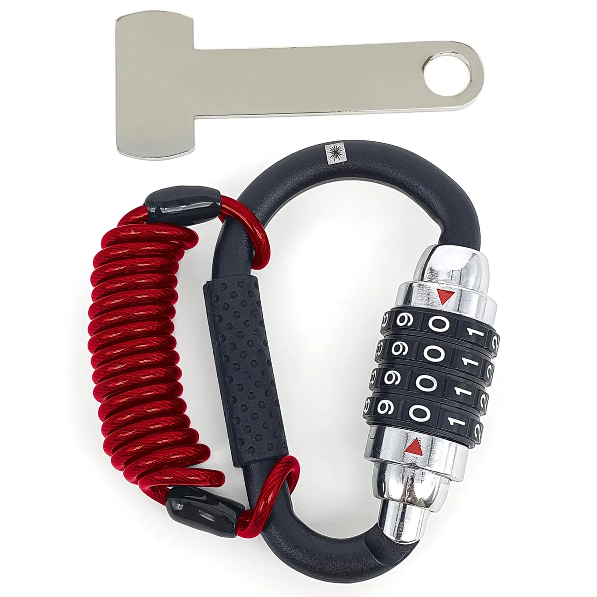 KRASER KR723B Candado Mosquetón Casco Moto, Cerradura Combinación 4 Digitos Más Fuerte, Adaptador T y Cable Seguridad, Compacto Accesorio Antirrobo Universal para Casco Moto Bicicleta Chaqueta