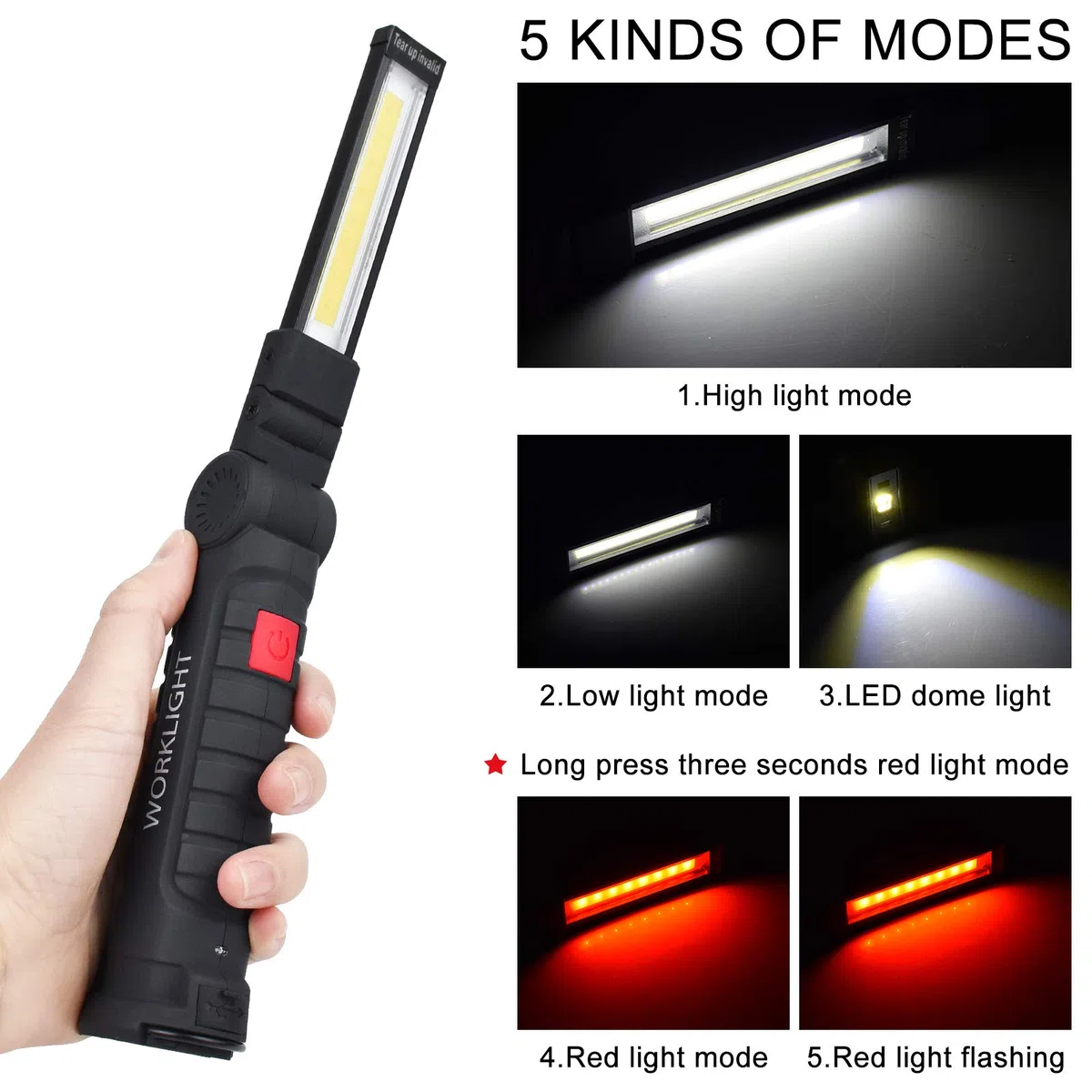 Lámpara de trabajo portátil LED recargable con luz magnética (5 modos)