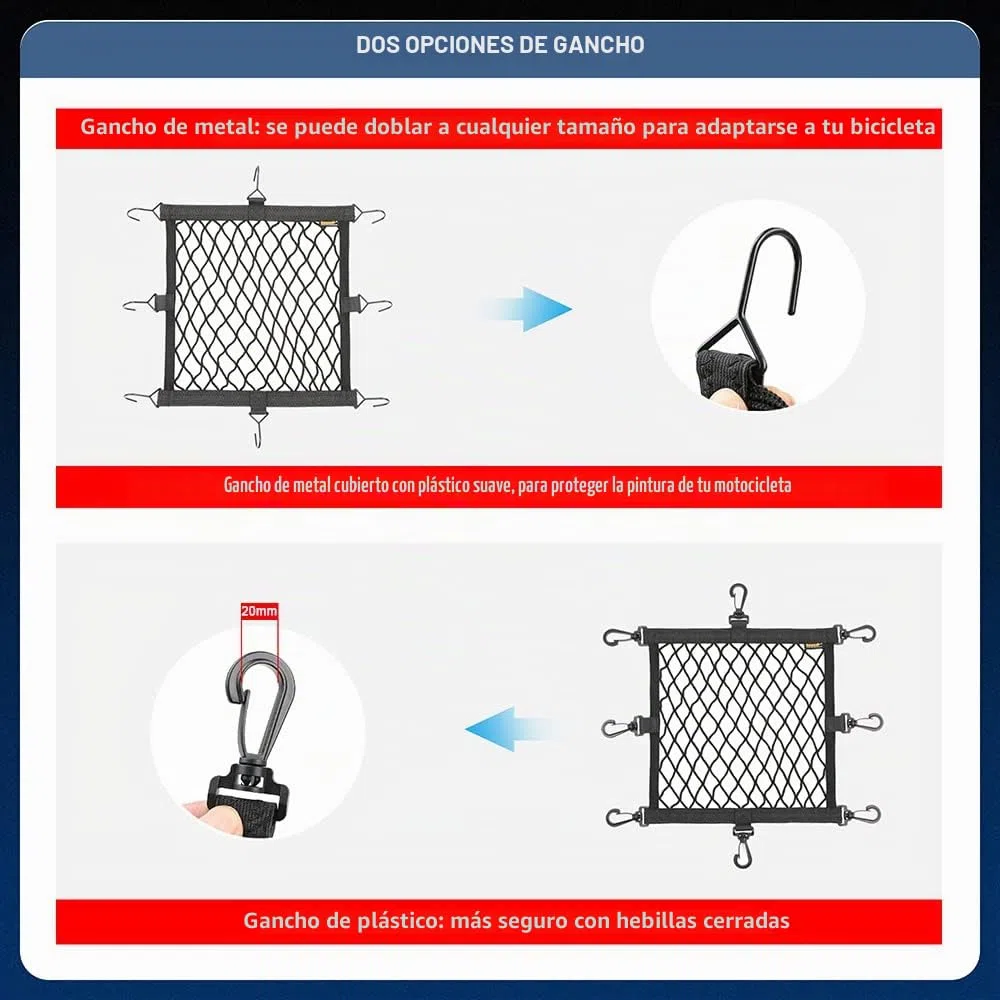Cascos de moto Bolsa de malla elástica Bolsa de malla para maletero Bolsa de malla con 8 ganchos Cascos universales Bolsa de malla para cascos de motor Accesorios para guardar cascos
