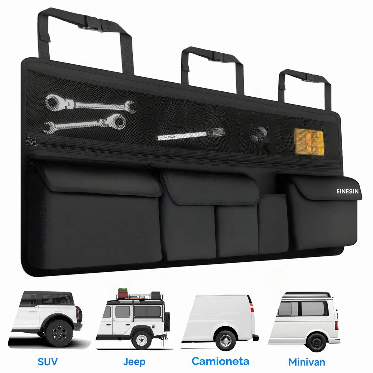 Einesin Organizador Maletero Coche Colgante con 9 Bolsillos, organizador Furgoneta, Organizador Coche Impermeable Plegable,105 x 52 cm
