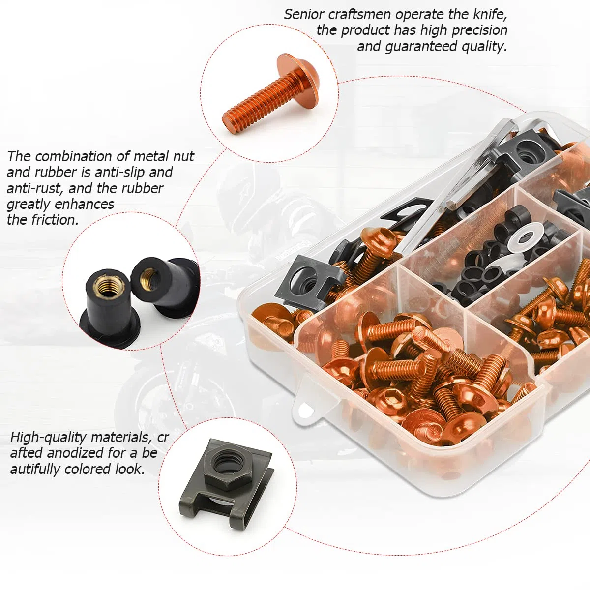 JNNJ 177 Pcs Kit de Pernos de Carenado de Moto, Tornillos de Fijación de parabrisas, Tornillo de Tuerca de Arandela de Aluminio Juego de Clips Surtido, Universal para Moto Todoterreno(Naranja)