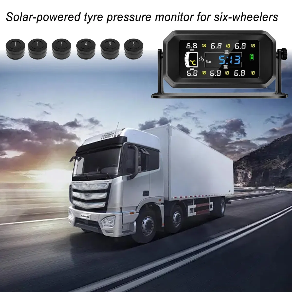 HAMON TPMS Sistema de control de presión de neumáticos solar, sistema de control de presión de neumáticos TPMS, con 6 sensores de presión de neumáticos, inalámbrico, solar, TPMS, distancia de