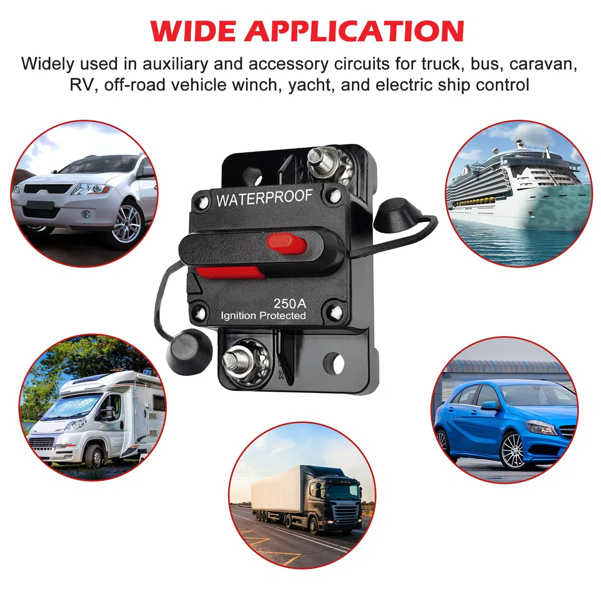 2 unidades de 250 A disyuntores automáticos para coche 12 V-48 V CC 250 amperios, interruptor de fusible automático resistente al agua con reinicio manual para camión barco