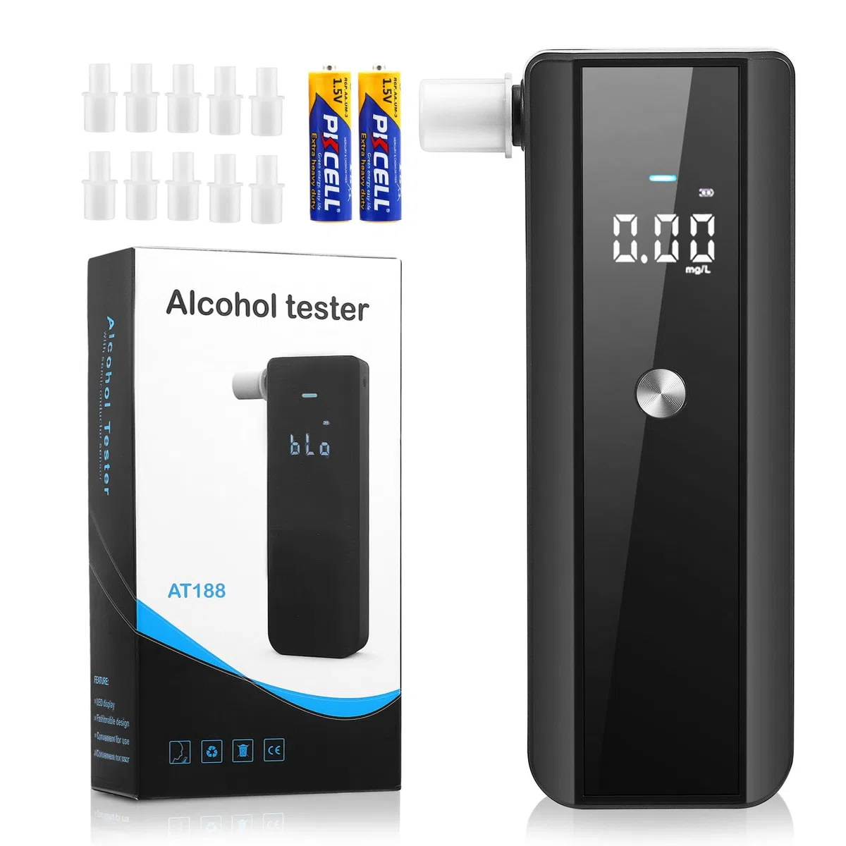 Alcoholímetro Profesional, Detector de Alcohol en el Aliento de Alta Precisión 0.01% BAC, Portátil con Pantalla LCD Digital e Incluye 10 Boquillas Desechables