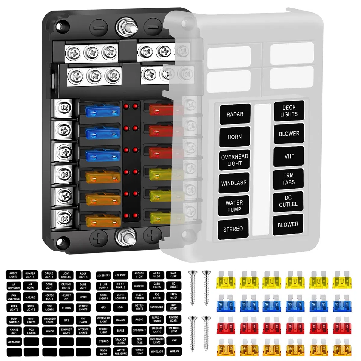 Geloo Caja de Fusibles 12 Vías Portafusibles con Lámpara de Alerta LED Porta Fusibles Coche con Cuchilla Negativa para Coche Barco Autocaravana Furgoneta