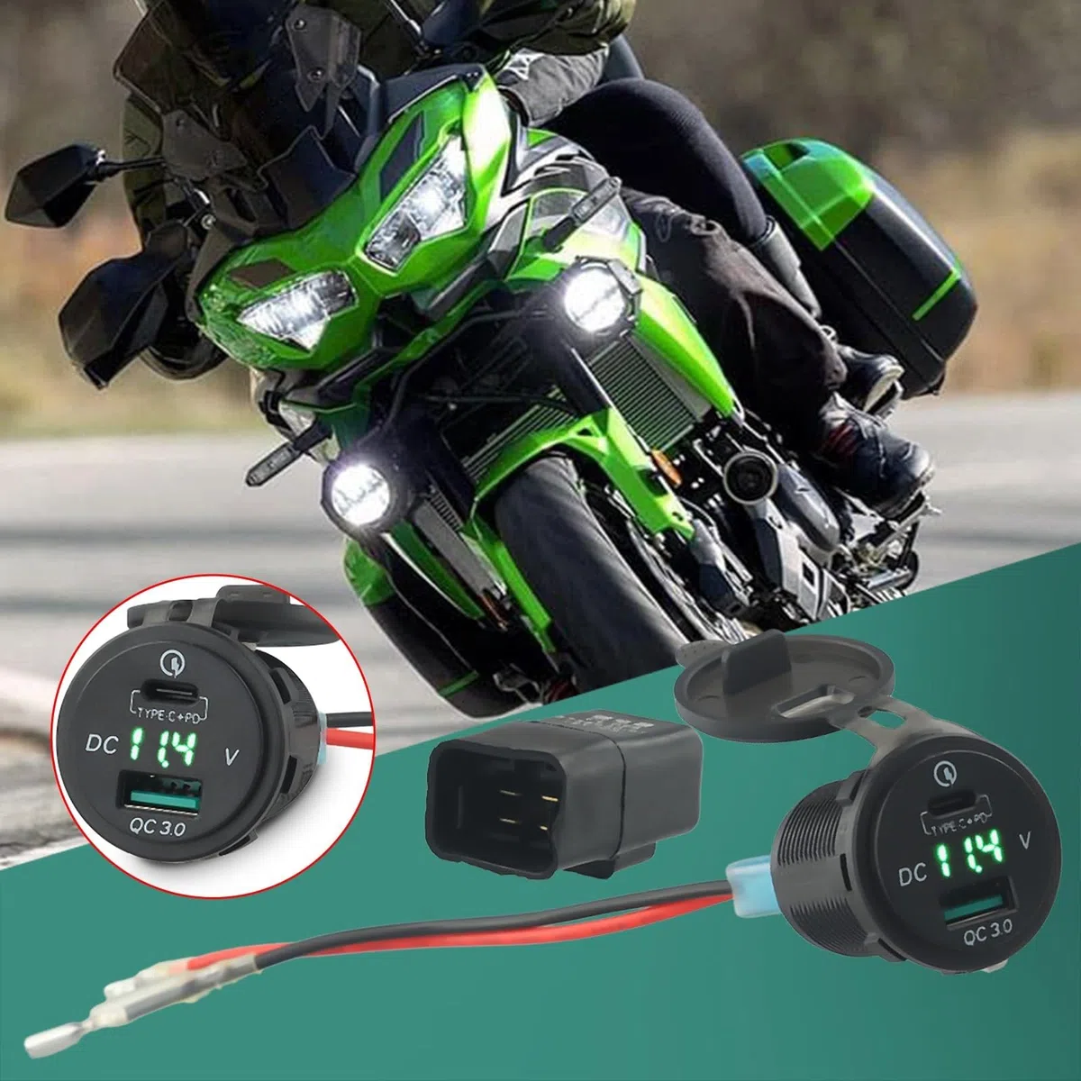 USB-Type-C para QC3.0 Relé de cargador rápido para Kawasaki Versys 650 1000 X300 para 400 650 Accesorio de motocicleta compatible modelos 2014-2020 Entrada negra 10-15V Salida 5V