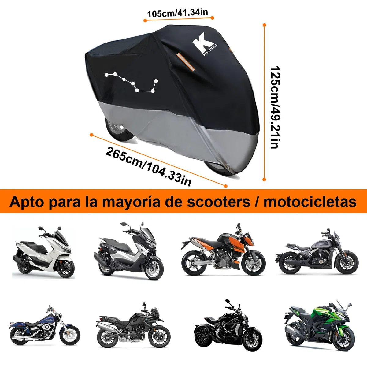 Funda para Moto Impermeable, Cubierta Moto Exterior Interior 210D Poliéster Protección UV,Correa a Prueba de Viento y Tira Reflectante Compatible Cubre Scooter/Motocicleta 3XL(265x105x125cm)